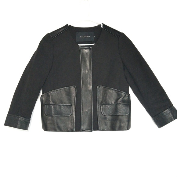 TARA JARMON Wool Leather Jacket Womens Size 38 US 6 M Cropped Snap Blazer - Picture 2 of 15